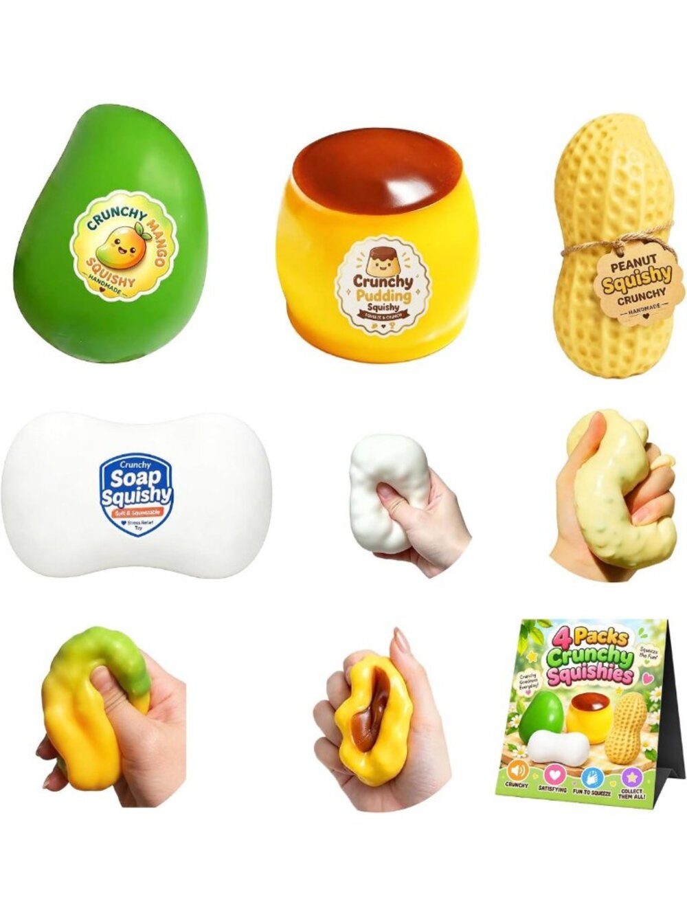 4 Pack Crunchy Squishy Set, Peanut Mango Pudding Soap ASMR Fidget Toys